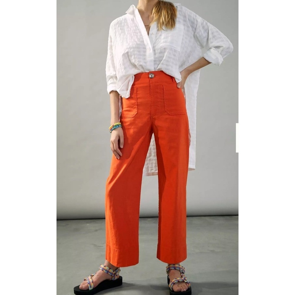 Maeve Anthropologie The Colette Orange Wide Leg Linen Blend Pants 32 High Rise